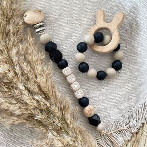 Luxe Speenkoorden - LIAM - Set bijtring en speenkoord met naam - Gepersonaliseerd fopspeen clip - jongen - kraamcadeau - baby shower