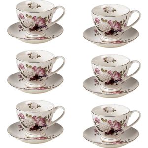 HAES DECO - Kop en Schotel set van 6 - inhoud 200 ml - kleuren Wit / Roze - Bedrukt Porselein met Bloemen - Theeservies, Koffieservies, Theekoppen, Koffiekoppen, Cappuccino