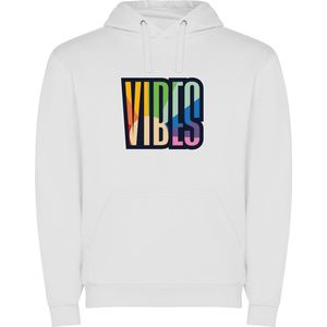 Witte unisex hoodie met “ Kleurrijke VIBES – tekst – stemming – sfeer “ Print Full Color merk Roly maat L