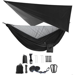 Hangmatset - Enkele & dubbele hangmat met muggennet, insectennet & regenvlieg - Sterke parachutestof hangbed voor outdoor activiteiten zoals wandelen, kamperen en reizen - Zwart hangmat 2 person