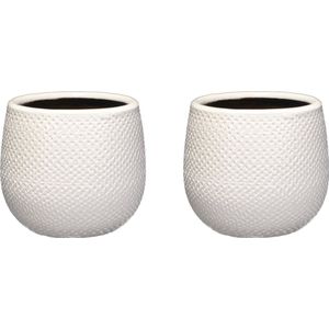 Mica Decorations Bloempot - Set van 3x stuks - wit met relief - keramiek - 14 x 12 cm - plantenpotten
