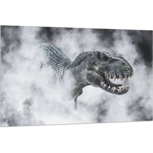 Vlag - Gevaarlijke T-rex Dinosauris in de Mist (Zwart- wit) - 150x100 cm Foto op Polyester Vlag