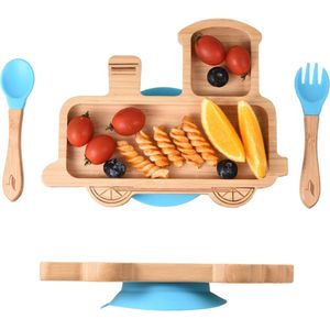 Pencilluxe® Bamboe Baby Bord (Trein) - Baby Cadeau - Kinderservies set - Zuignap - Kinderbord - Baby servies - Baby bestek - Melamine & BPA-vrij - Vakjesbord - Kraammand - Kraamcadeau - Babyshower cadeau - Baby - Geboorte Cadeau - Kraamvisite