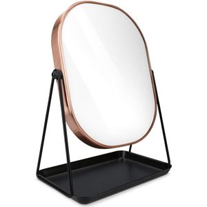 make-up spiegel met sieradenschaal koper - Tafelspiegel zwart koper - Staande make up spiegel met accessoireschaalje - Roterende opmaakspiegel