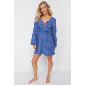 Trendyol Bruine Mini-Geweven Linnenmix Strandjurk Met Biezen Tbess23El00103