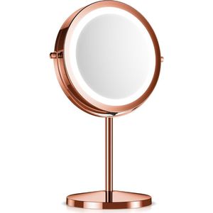 ronde spiegel met verlichting - Make-up spiegel met LED-verlichting - Dubbelzijdig - 5x vergroting - 360° draaibaar - Diameter 17cm - Koper