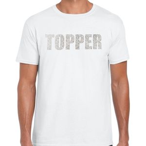Glitter Topper t-shirt wit met steentjes/ rhinestones voor heren - Glitter kleding/ foute party outfit S
