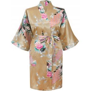 KIMU® Kimono Goud Kort - Maat XS-S - Yukata Satijn Boven de Knie - Korte Gouden Ochtendjas Japanse Kamerjas Sexy Satijnen Badjas Geisha 152 158 164 Sinterklaas Kado