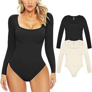 Elegante Dames Bodysuit met Lange Mouwen en U-Hals - Stretchy Shapewear voor Feestjes