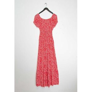 Lange dames jurk Wilma gebloemd motief rood wit S strandjurk