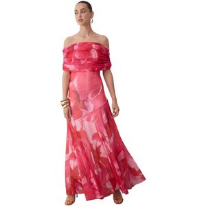 Trendyol Fuchsia A-Lijn Bloemenpatroon Carmen Kraag Maxi Elegante Avond- En Nachtjurk Tprss25El00320