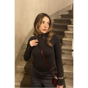 Dames Bodysuit – Hoge Hals – Slim Fit, Lange Mouw – Stretch – Zwart - Maat XS