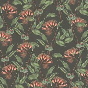 Bloemen behang Profhome 394301-GU vliesbehang hardvinyl warmdruk in reliëf licht gestructureerd met bloemmotief mat zwart groen rood 5,33 m2
