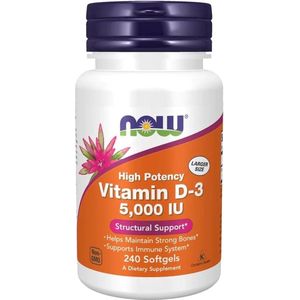 Vitamine D-3 - 5000 IU en 125 mcg - hoog gedoseerd - zonder gentechnologie - glutenvrij - sojafvrij - 240 softgels - NOW Foods