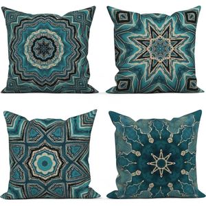 40 x 40 cm set van 4 stuks retro geometrisch patroon blauw goud sierkussen voor bank - wasbaar polyester vlas textiel voor outdoor bekleding