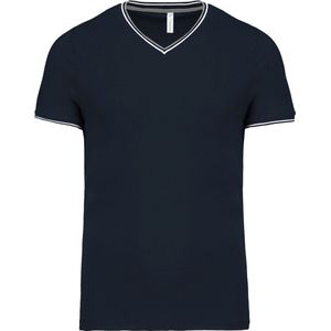Donkerblauw t-shirt met Grijs-wit streepje bij kraag en mouw V-hals merk Kariban maat L