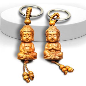 Boeddha sleutelhanger, 2 stuks, kleine Boeddha sleutelhanger van hout, Boeddha decoratie, Boeddha hanger, sleutelhanger, Boeddha figuur, kleine geluksbrenger, doe-het-zelf auto-accessoires, geluksbrenger