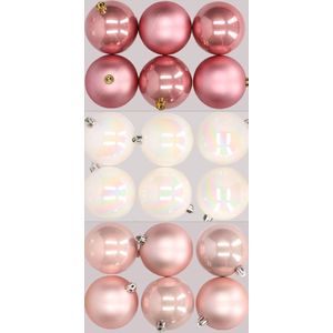 18x stuks kunststof kerstballen mix van lichtroze, parelmoer wit en oudroze 8 cm - Kerstversiering