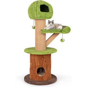COSTWAY Krabpaal katten, kattenboom met kattenhol en kattenhuis, boomvorm, kattentoren met ligvlak, bal, sisal tapijt, kattenkrabpaal klimboom, bruin + groen, 60 x 60 x 148 cm