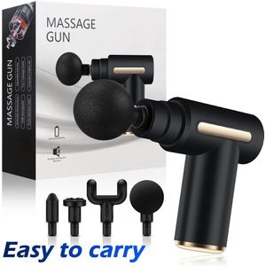 Massage gun met 4 hulpstukken incl. oplaadbare accu. Relaxen massage apparaat met instelbare intensiteit, 4 verschillende hulp stukken en USB C laadkabel.