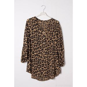 Dames blouse Gracy panterprint leopard print met 3 knopen mosterd zwart bruin maat M/L