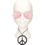 Hippie Flower Power verkleed set peace-teken ketting met ronde roze XL glazen zonnebril