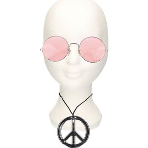 Hippie Flower Power verkleed set peace-teken ketting met ronde roze XL glazen zonnebril