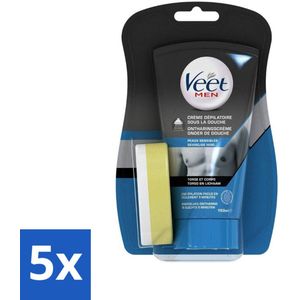 5 x Veet For Men Ontharingscrème In-Shower Gevoelige Huid 150 ml - Haargroei Verminderen - Ontharingscrème In De Douche - Veet In Shower