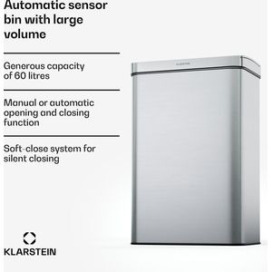 Klarstein Roestvrijstalen Keukenemmer - 60 Liter - LED Bedieningspaneel en soft-close deksel - Handsfree vuilnisemmer - Roestvrij staal