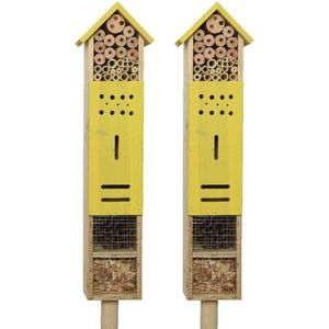 2x stuks geel insectenhotel 118 cm op paal/steker - Hotel/huisje voor insecten - Bijenhuis/vlinderhuis