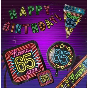 Verjaardag 65 jaar Pakket Neon - Verjaardag Versiering - Happy Birthday Slinger - Verjaardag decoratie - Ballonnen - Jongen / Meisje / Volwassenen - Afzetlint - Feest versiering - Feest decoratie - Neon Happy Birthday