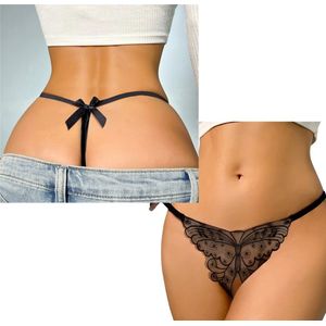 Sexy G-String met Vlinder - Open Kruis - Zwart - Erotisch Design met Kant - Dames String - Lingerie / Ondergoed - Maat L