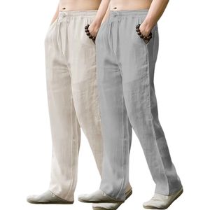 Livano Linnen Broek Heren - Zomerbroek - Volwassenen - Lange Broek - Pantalon - Strandbroek - Zomer - Ibiza Stijl - 2 Stuks Beige & Lichtgrijs - Maat S