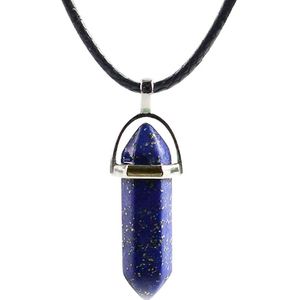 Bixorp Gems Perzische Lapis Lazuli Agaat Hanger aan Faux Leren Koord - Edelsteen Ketting - Edelstenen Staafje met Stainless Steel - 45/50cm Damesketting