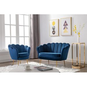 PASCAL MORABITO Set tweezitsbank en fauteuil van fluweel - Nachtblauw - DANDELION L 124 cm x H 78 cm x D 75 cm