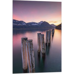 Vlag - Houten Palen in het Meer van Berggebied tijdens Zonsondergang met Paarse Gloed - 60x90 cm Foto op Polyester Vlag