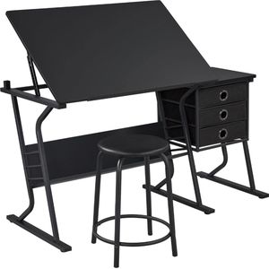Tekentafelset met kantelbaar tafelblad, bijzettafel met 3 schuifladen, ronde stoel en opbergrek voor schrijven, lezen, schilderen en tekenen