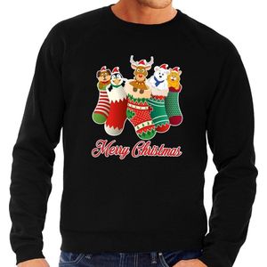 Foute Kersttrui / sweater kerstsokken met diertjes - Merry Christmas - zwart voor heren S