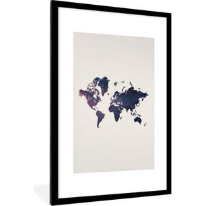 Fotolijst incl. Poster - Wereldkaart - Glitter - Blauw - Roze - 60x90 cm - Posterlijst