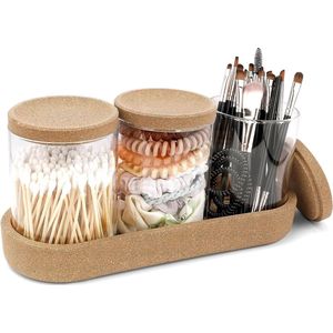 Set van 3 glazen wattenstaafjes met dienblad en kurkdeksel, wattenschijfdispenser, reisopbergdoos voor wattenstaafjes, tandzijdestaafjes, haarelastiekjes, clips, naalden (3 stuks)