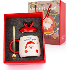Kerstmok koffiebeker kerstmotief kerstman deksel lepel geschenkverpakking theekop melkbeker Kerstmis cadeau-idee - 420 ml