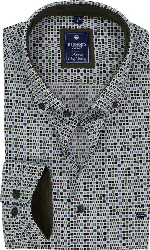3 voor 99 | Redmond comfort fit overhemd, popeline, wit met groen en blauw dessin