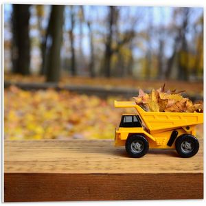 PVC Schuimplaat - Gele Mini Kiepwagen Gevuld met Herfstbladeren in het Bos - 50x50 cm Foto op PVC Schuimplaat (Met Ophangsysteem)