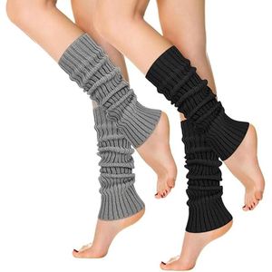 2 Pairs Women's Knitted Leg Warmers - Warm and Long - Ankle Warmers for Winter (Black Gray) Multicolor L