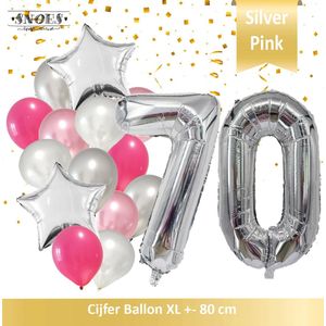 Cijfer Ballon 70 Jaar Zilver Roze White Pearl Boeket * Hoera 70 Jaar Verjaardag Decoratie Set van 15 Ballonnen * 80 cm Verjaardag Nummer Ballon * Snoes * Verjaardag Versiering * Verjaardag Decoratie * Silver Pink Pearl White* Nummer Ballon 70