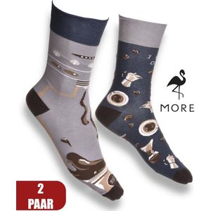 More Fashion - Katoenen Dames Sokken - 2-Pack - Maat 39 40 41 42 - Leuk Asymmetrisch Print - Kleurrijk - Coffee Koffie - MADE IN EU