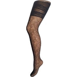Bonnie Doon Grote Maten Panty Kant in Bloemen Motief Flower Lace Curvy Tights Zwart maat 44/46 XXL - Versteviging bovenbeen - Katoenen kruisje - Elegant voor Maatje meer - Kant in Bloem motief - Comfortabele Pasvorm - Black - BP241905.101