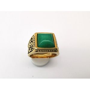 RVS Edelsteen groen Jade goudkleurig Ring. Maat 18. Vierkant ringen met zwarte/goud patronen aan de zijkant. Beschermsteen. geweldige ring zelf te dragen of iemand cadeau te geven.
