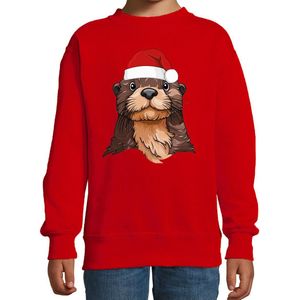 Bellatio Decorations Kersttrui / sweater familie Otter - kinderen - dieren - rood - kerstmuts - Kerstmis 98/104
