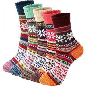Warme Winter Sokken dames - set van 5 paar - Vintage design - Sokken Dames - Huissokken - One Size - Verjaardag - Moederdag - Geschenk vrouw